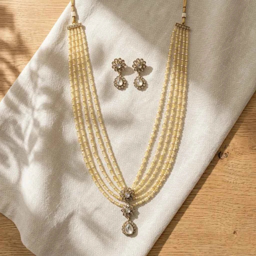 cream pearl layered necklace set with earrings for women | designer bridal jewellery