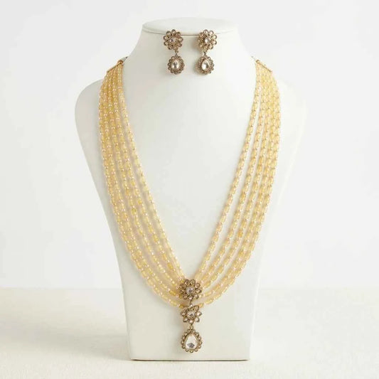 Cream Pearl Layered Necklace Set with Earrings for Women | Designer Bridal Jewellery