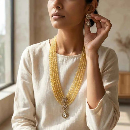 Cream Pearl Layered Necklace Set with Earrings for Women | Designer Bridal Jewellery