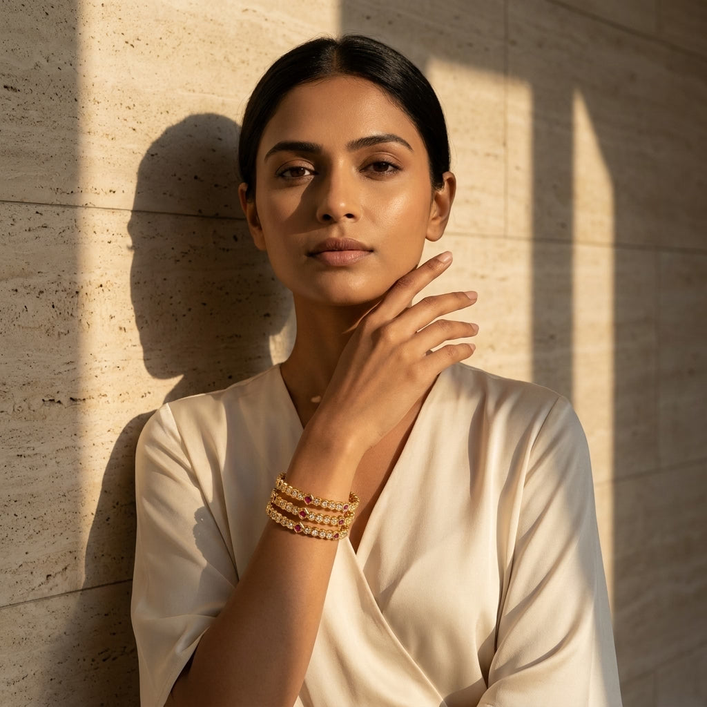 crimson gleam gold plated american diamond bangles set for women | 4 piece slim designer bangle set