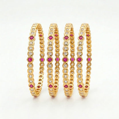 Crimson Gleam Gold Plated American Diamond Bangles Set for Women | 4 Piece Slim Designer Bangle Set