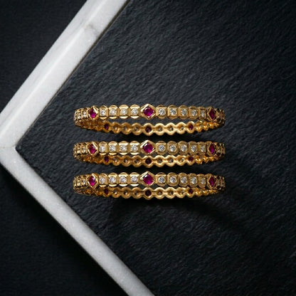 Crimson Gleam Gold Plated American Diamond Bangles Set for Women | 4 Piece Slim Designer Bangle Set