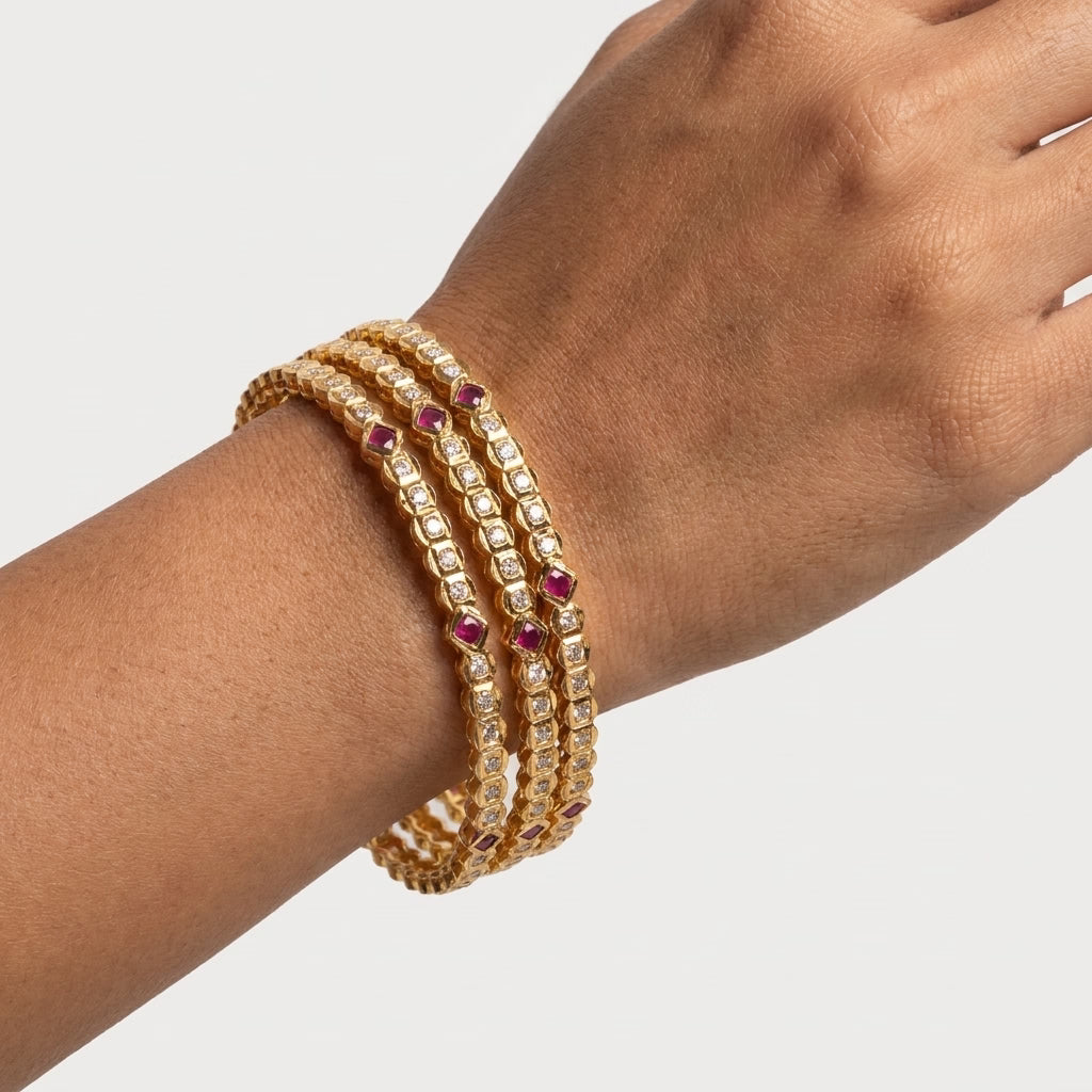Crimson Gleam Gold Plated American Diamond Bangles Set for Women | 4 Piece Slim Designer Bangle Set