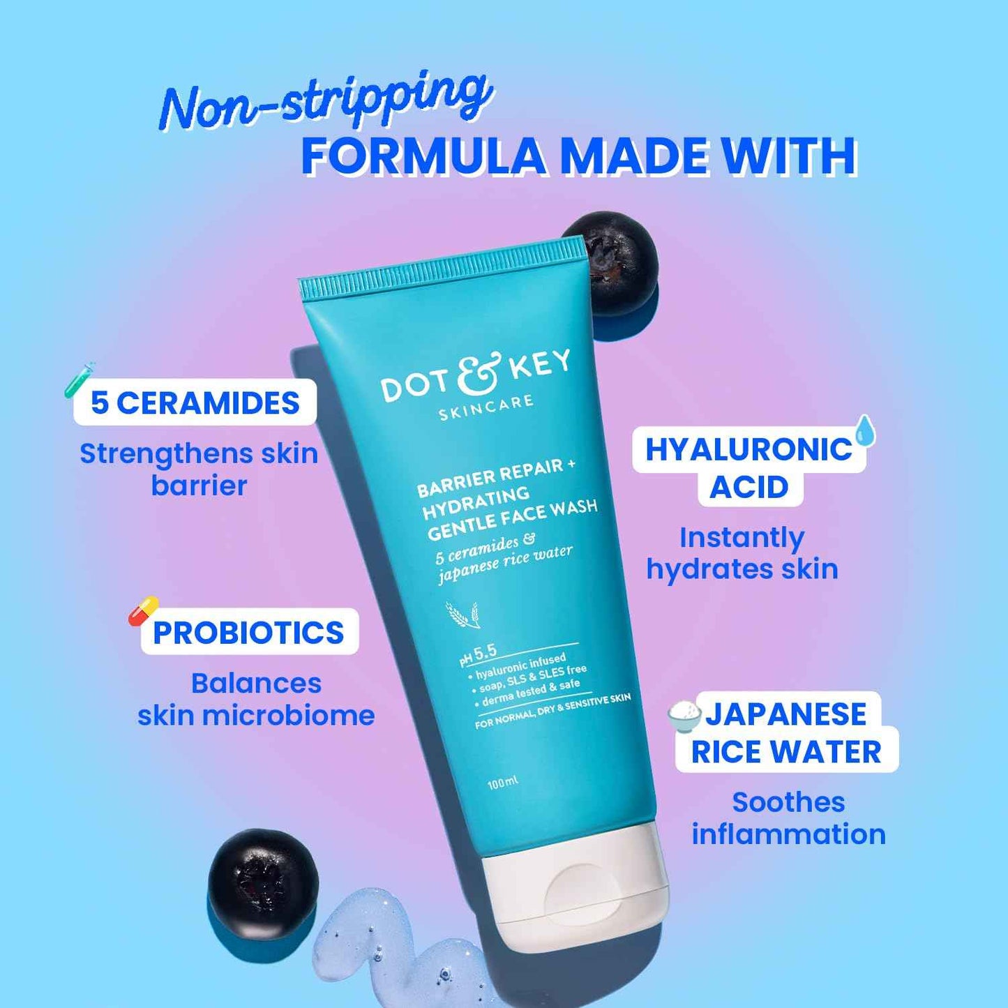 dot & key barrier repair + hydrating gentle face wash | 5 ceramides & japanese rice water cleanser 100ml - gehna official