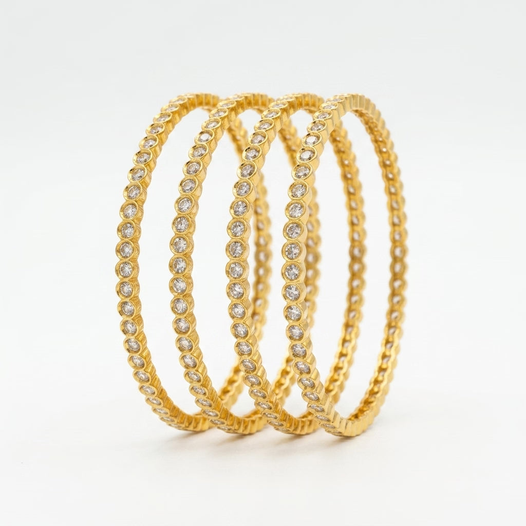 Diamond Crest Gold Plated American Diamond Slim Bangles Set for Women | 4 Piece Designer Stackable Bangles