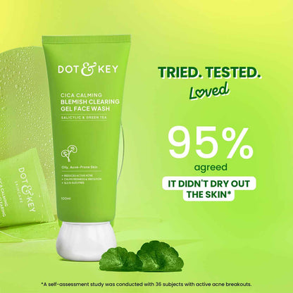 Dot & Key Cica Calming Blemish Clearing Gel Face Wash | Salicylic Acid & Green Tea Cleanser for Acne Prone Skin 100ml - GEHNA OFFICIAL