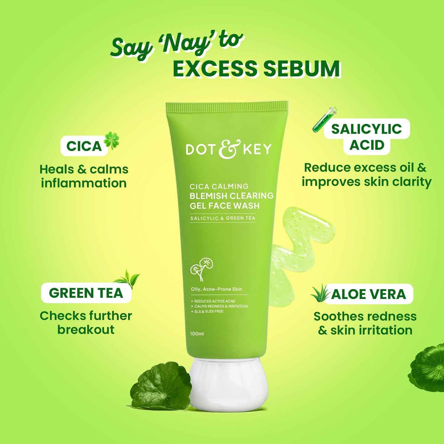 dot & key cica calming blemish clearing gel face wash | salicylic acid & green tea cleanser for acne prone skin 100ml - gehna official