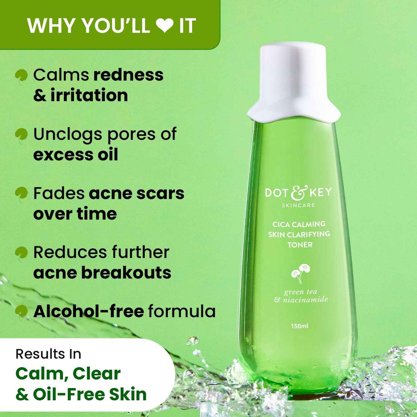 dot & key cica calming skin clarifying toner with green tea & niacinamide | 150ml - gehna official