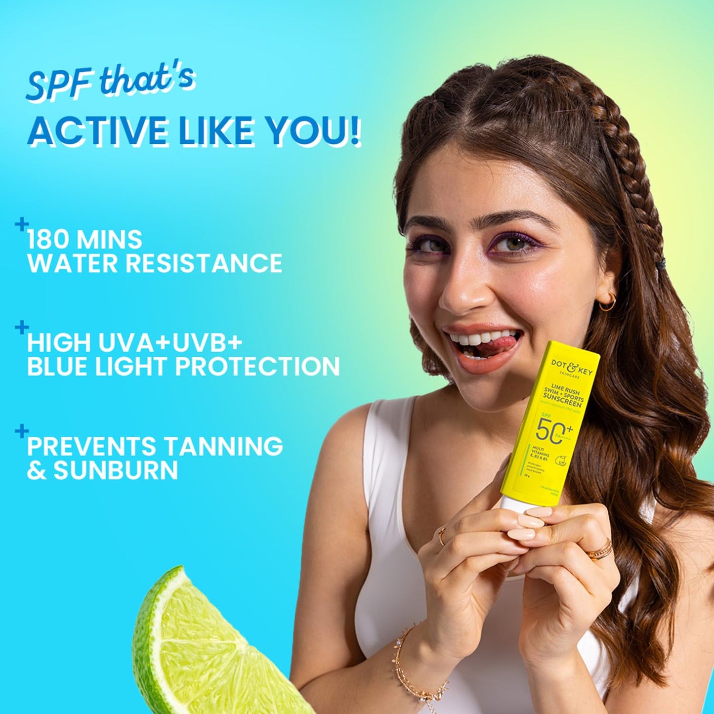 dot & key lime rush swim + sports sunscreen spf 50+ pa++++ water resistant | 50g - gehna official