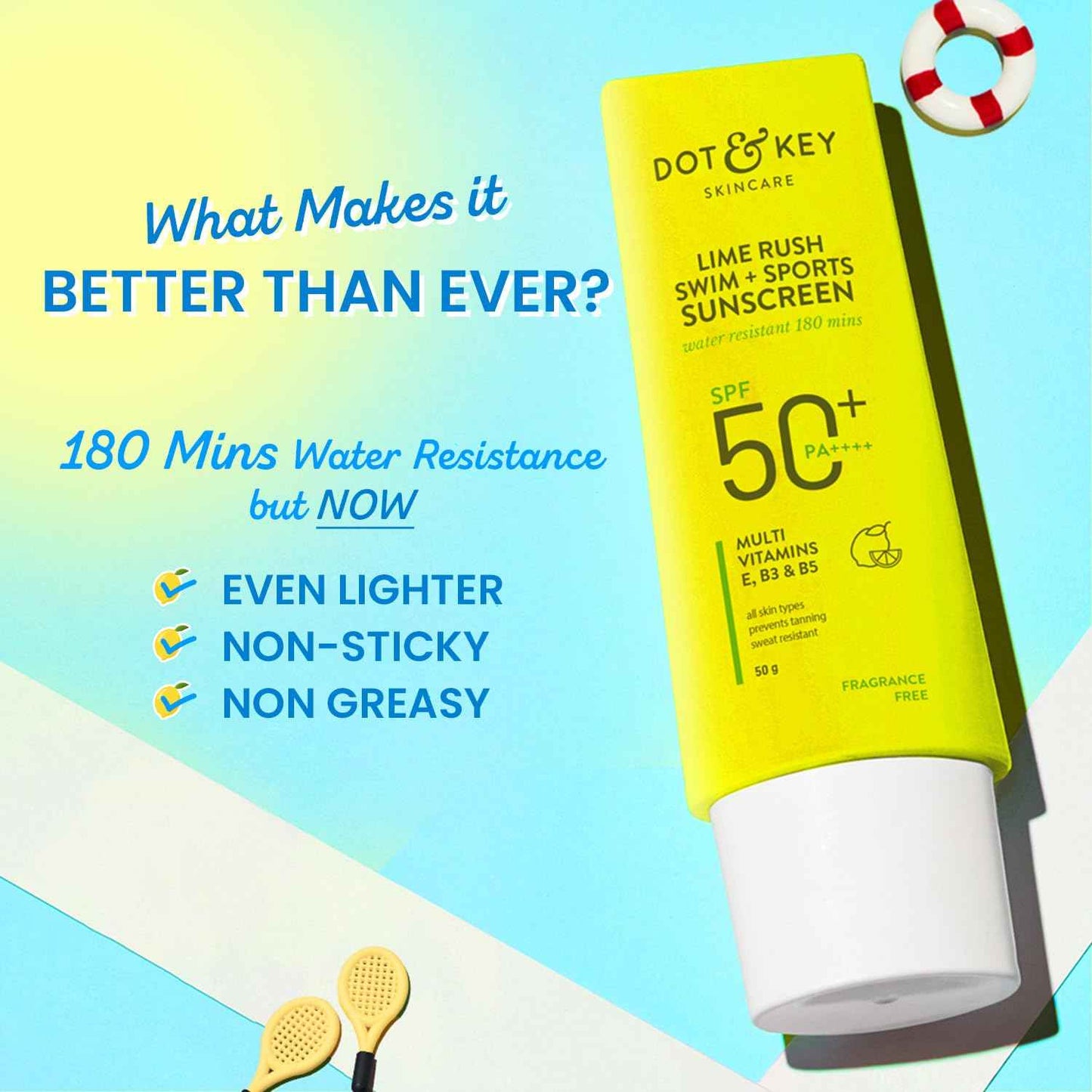 dot & key lime rush swim + sports sunscreen spf 50+ pa++++ water resistant | 50g - gehna official