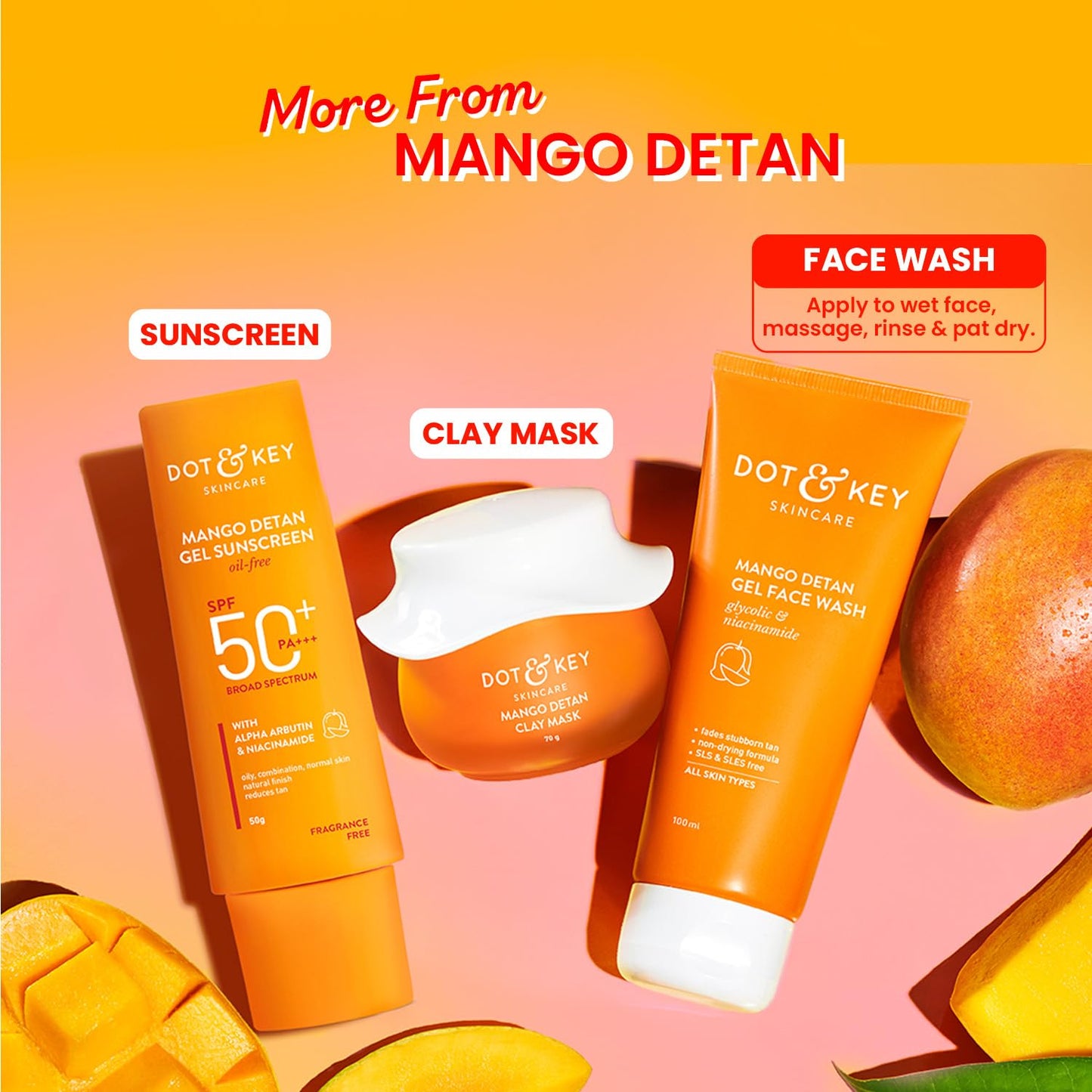 dot & key mango detan gel face wash | glycolic acid & niacinamide tan removal cleanser 100ml - gehna official