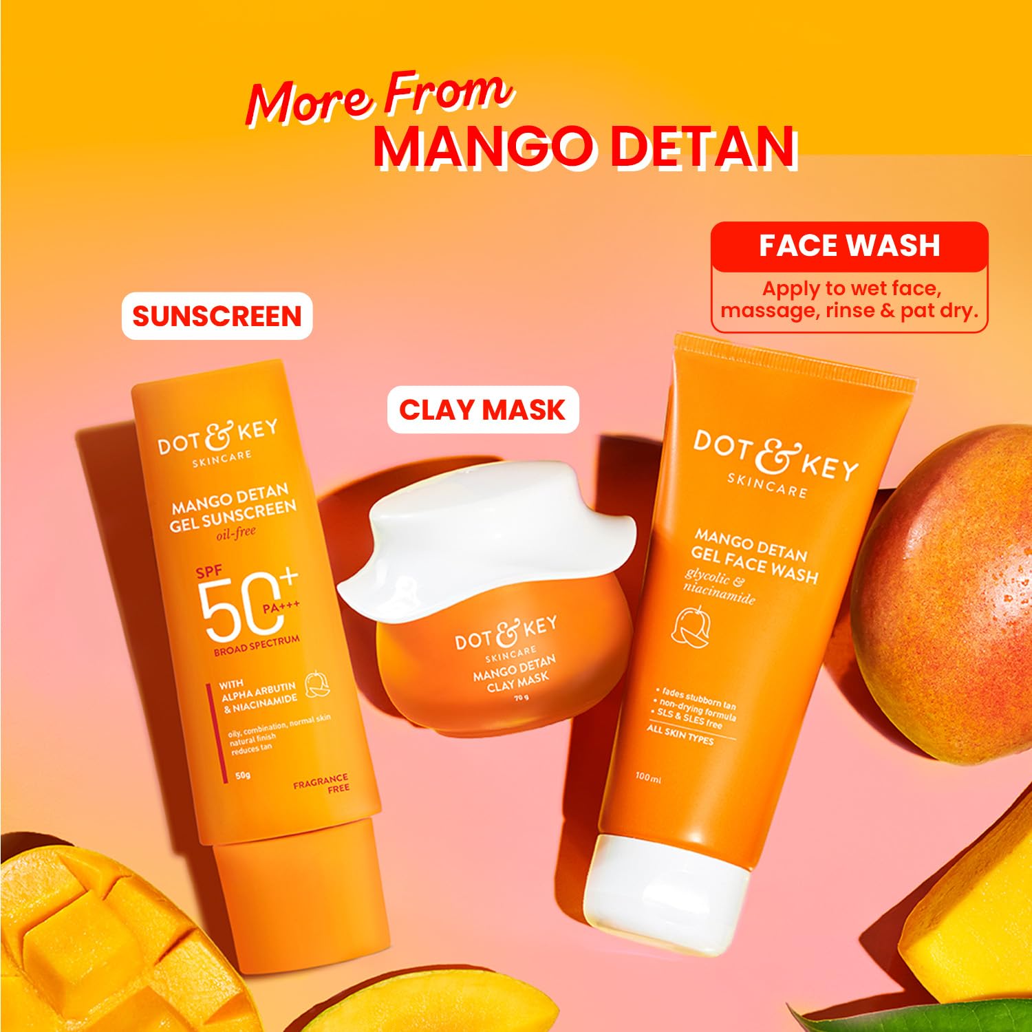 Dot & Key Mango Detan Gel Face Wash | Glycolic Acid & Niacinamide Tan Removal Cleanser 100ml - GEHNA OFFICIAL