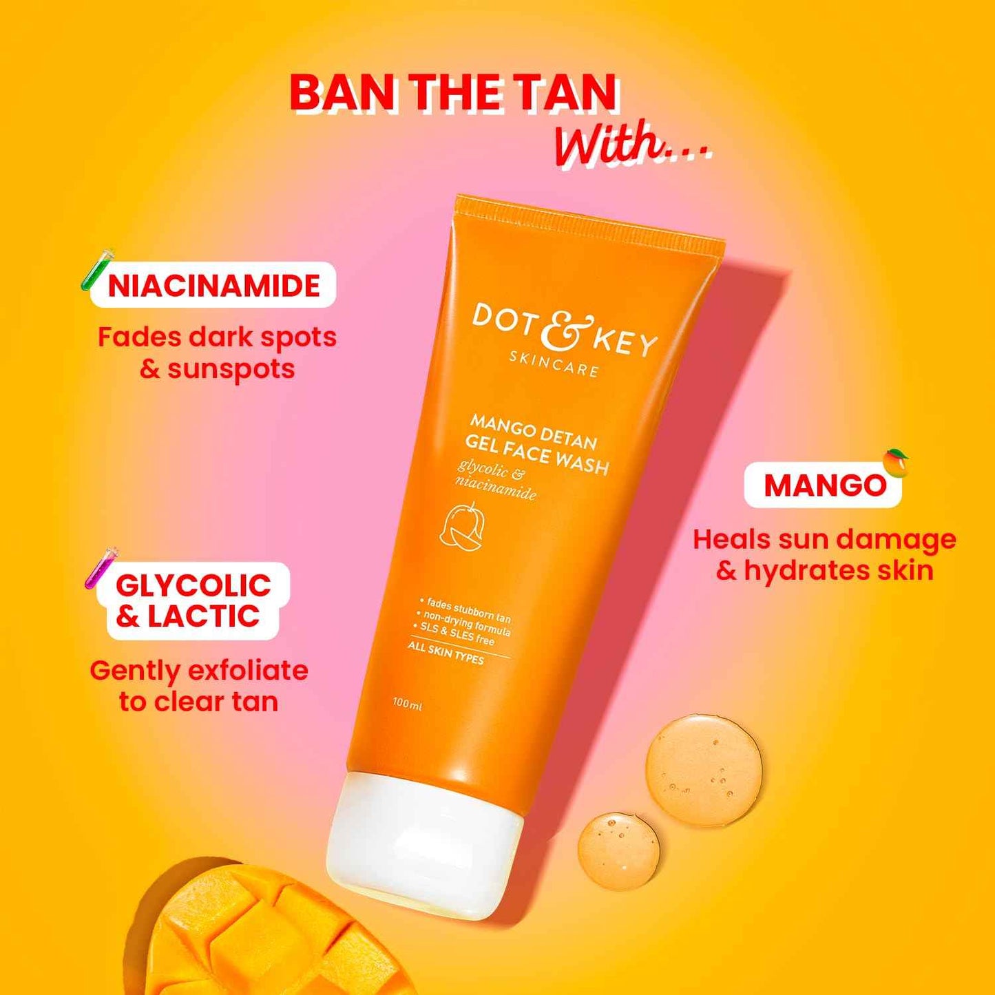 dot & key mango detan gel face wash | glycolic acid & niacinamide tan removal cleanser 100ml - gehna official