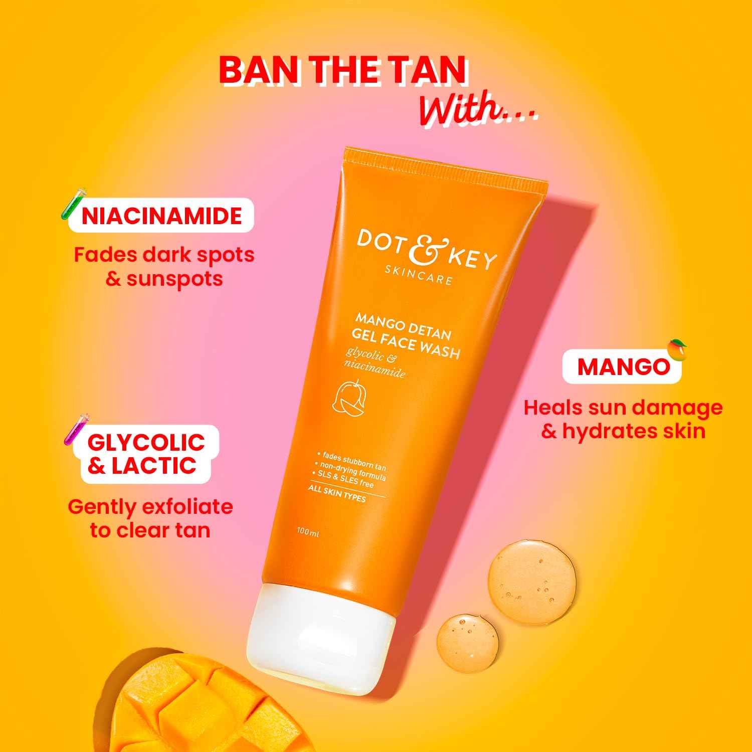 Dot & Key Mango Detan Gel Face Wash | Glycolic Acid & Niacinamide Tan Removal Cleanser 100ml - GEHNA OFFICIAL