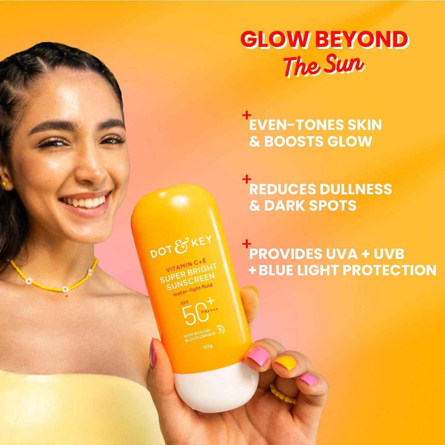 dot & key vitamin c + e super bright sunscreen spf 50+ pa++++ water light fluid | 50g - gehna official