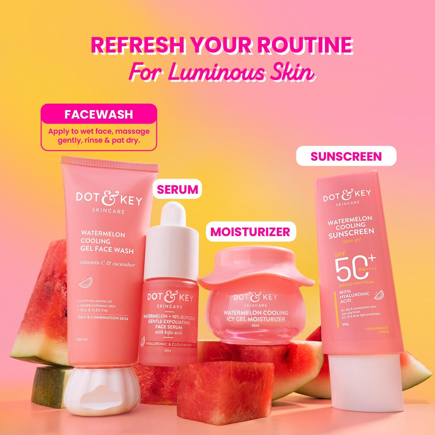 dot & key watermelon cooling gel face wash | vitamin c & cucumber refreshing cleanser 100ml - gehna official