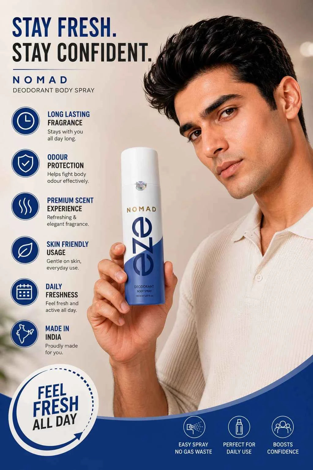 eze nomad premium deodorant body spray for men 150ml, long lasting fresh fragrance