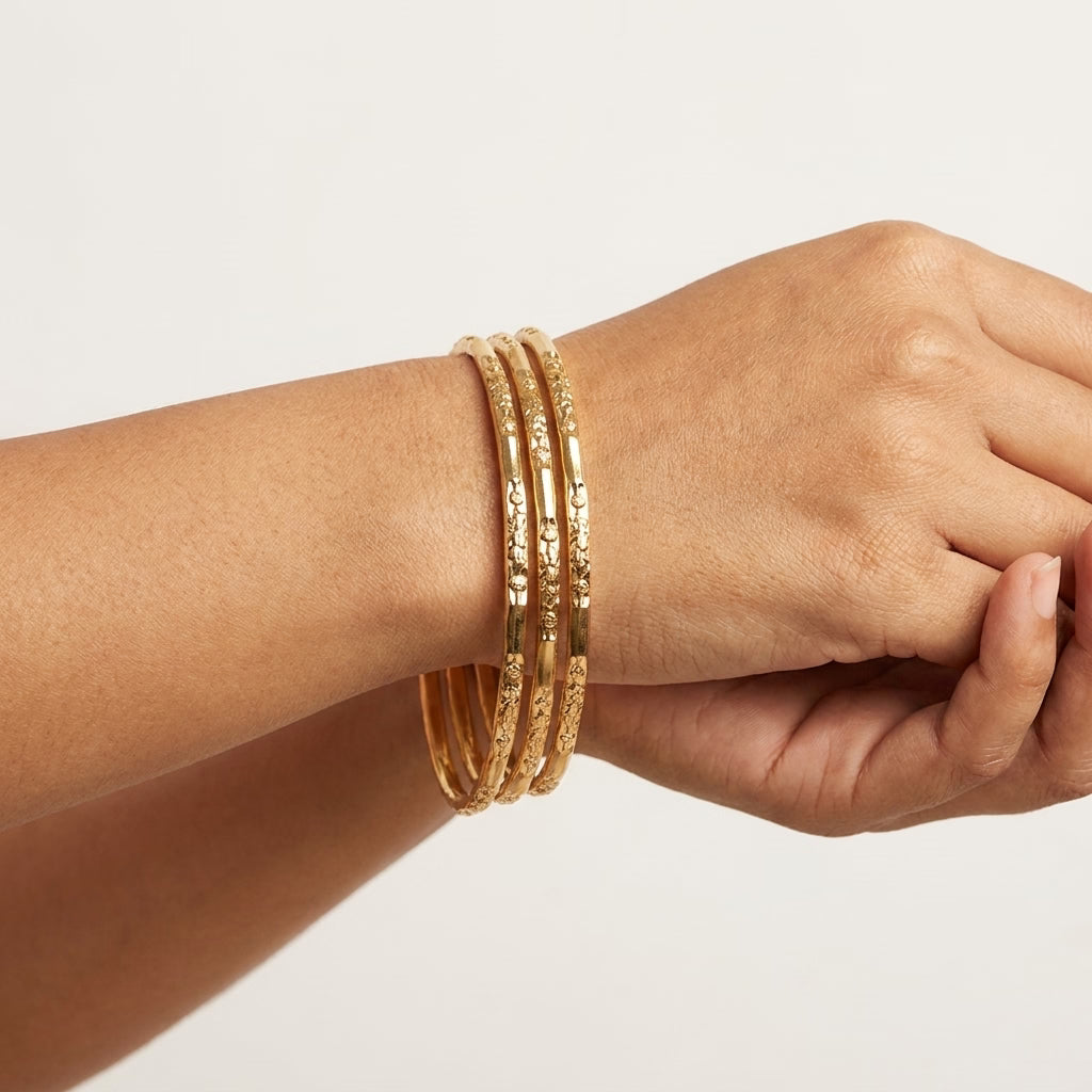 Elegant Floral Engraved Gold Finish Daily Wear Bangles Set for Women, Set of 4