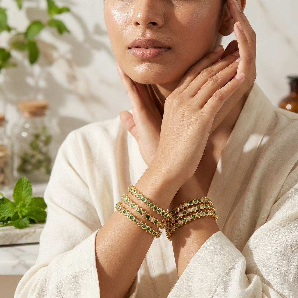 Emerald Luxe Gold Plated American Diamond Bangles Set for Women | 4 Piece Designer Bangle Set