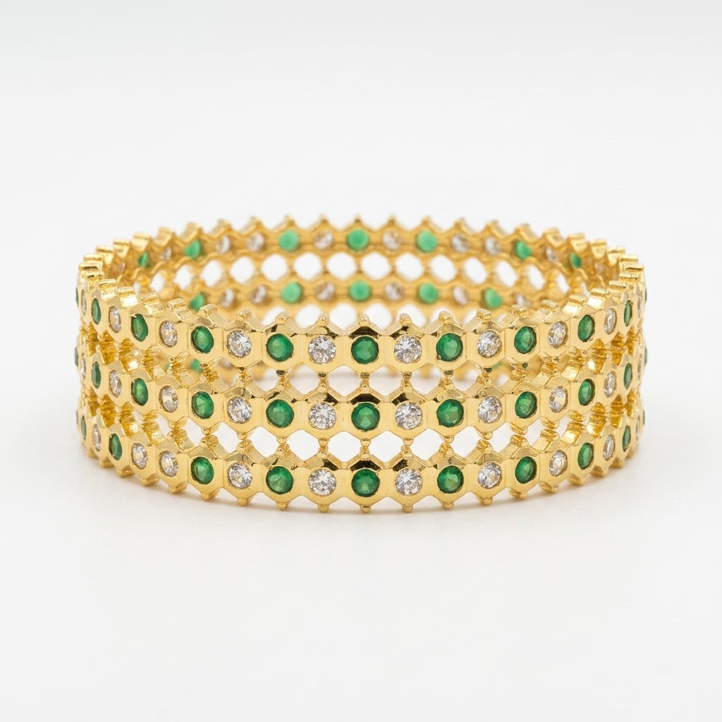 Emerald Luxe Gold Plated American Diamond Bangles Set for Women | 4 Piece Designer Bangle Set