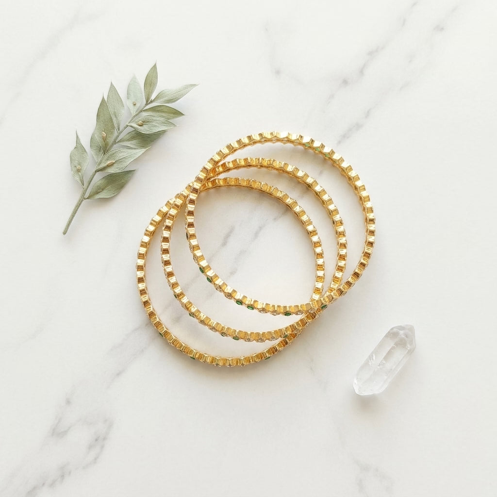 Emerald Luxe Gold Plated American Diamond Bangles Set for Women | 4 Piece Designer Bangle Set