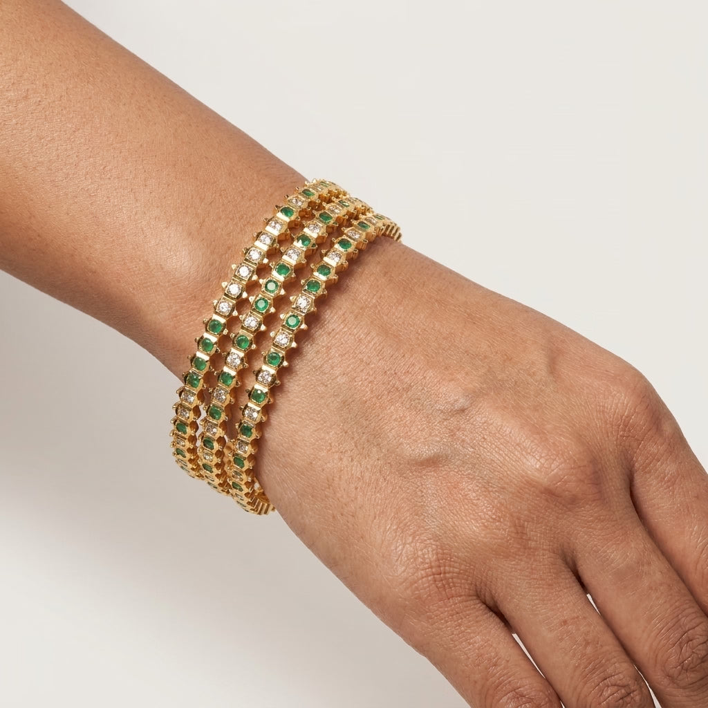 Emerald Luxe Gold Plated American Diamond Bangles Set for Women | 4 Piece Designer Bangle Set