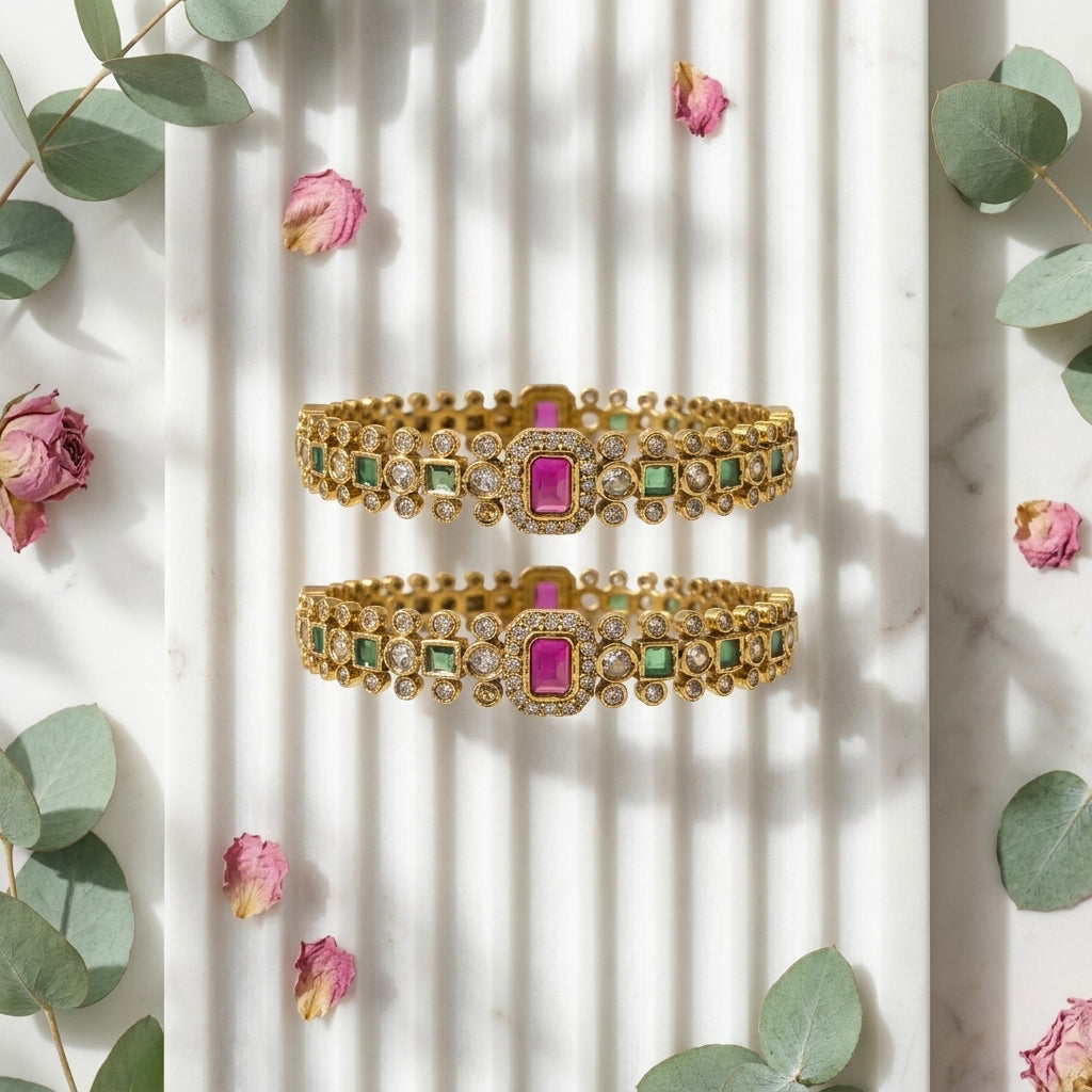 emerald royale ruby green gold plated bangles for women | american diamond designer bangle pair