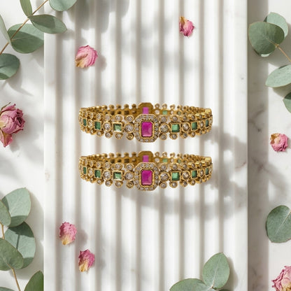 Emerald Royale Ruby Green Gold Plated Bangles for Women | American Diamond Designer Bangle Pair