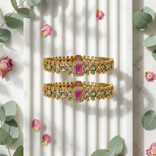 Emerald Royale Ruby Green Gold Plated Bangles for Women | American Diamond Designer Bangle Pair