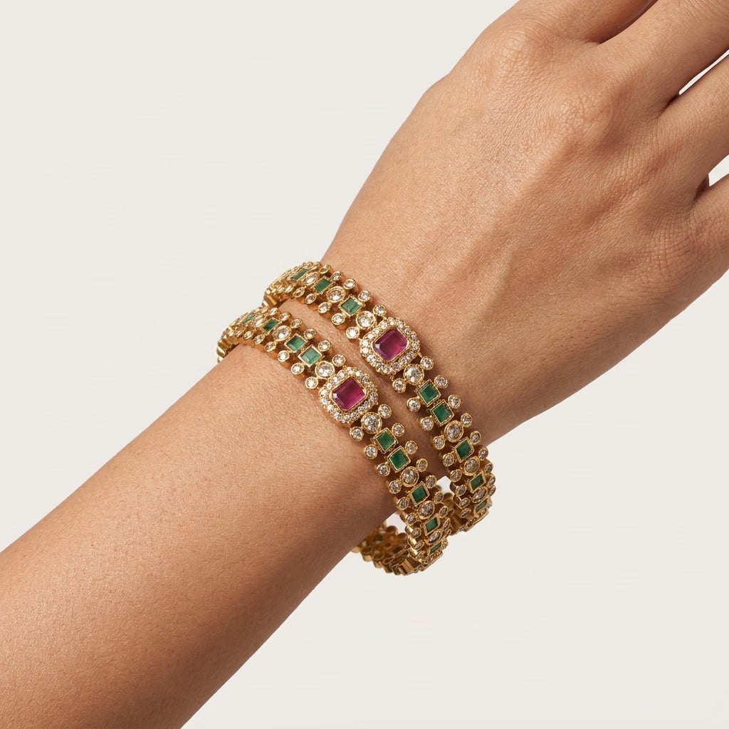 emerald royale ruby green gold plated bangles for women | american diamond designer bangle pair