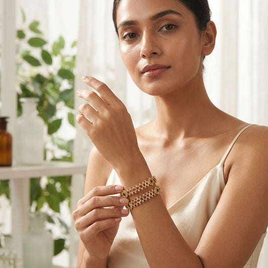 Emerald Royale Gold Plated American Diamond Bangles for Women | Green Stone Designer Pair