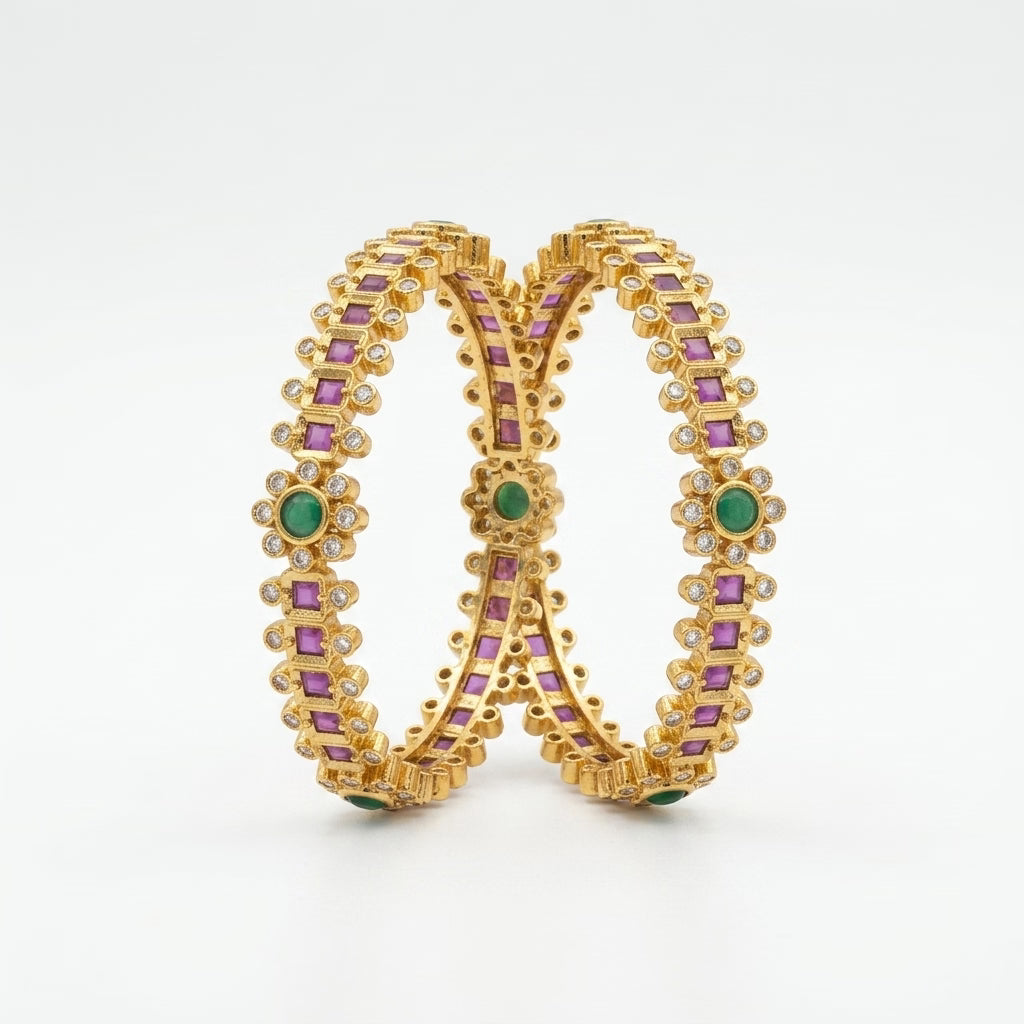 emerald royale gold plated american diamond bangles for women | green stone designer pair