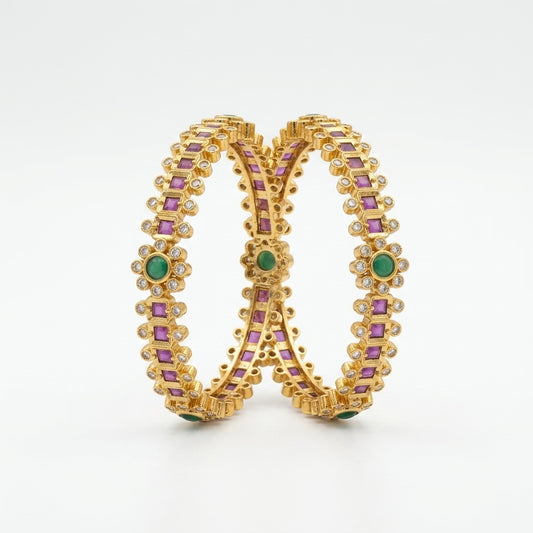 Emerald Royale Gold Plated American Diamond Bangles for Women | Green Stone Designer Pair