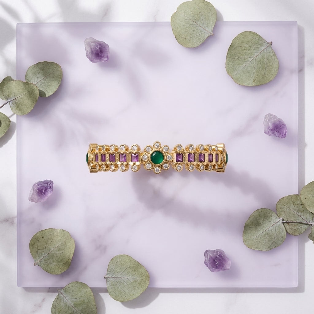 Emerald Royale Gold Plated American Diamond Bangles for Women | Green Stone Designer Pair