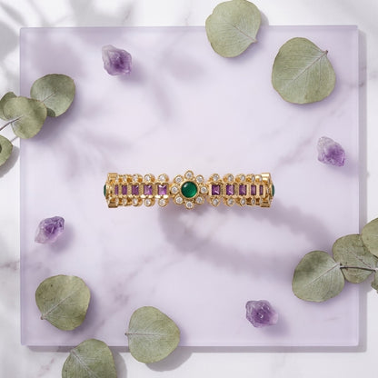 Emerald Royale Gold Plated American Diamond Bangles for Women | Green Stone Designer Pair