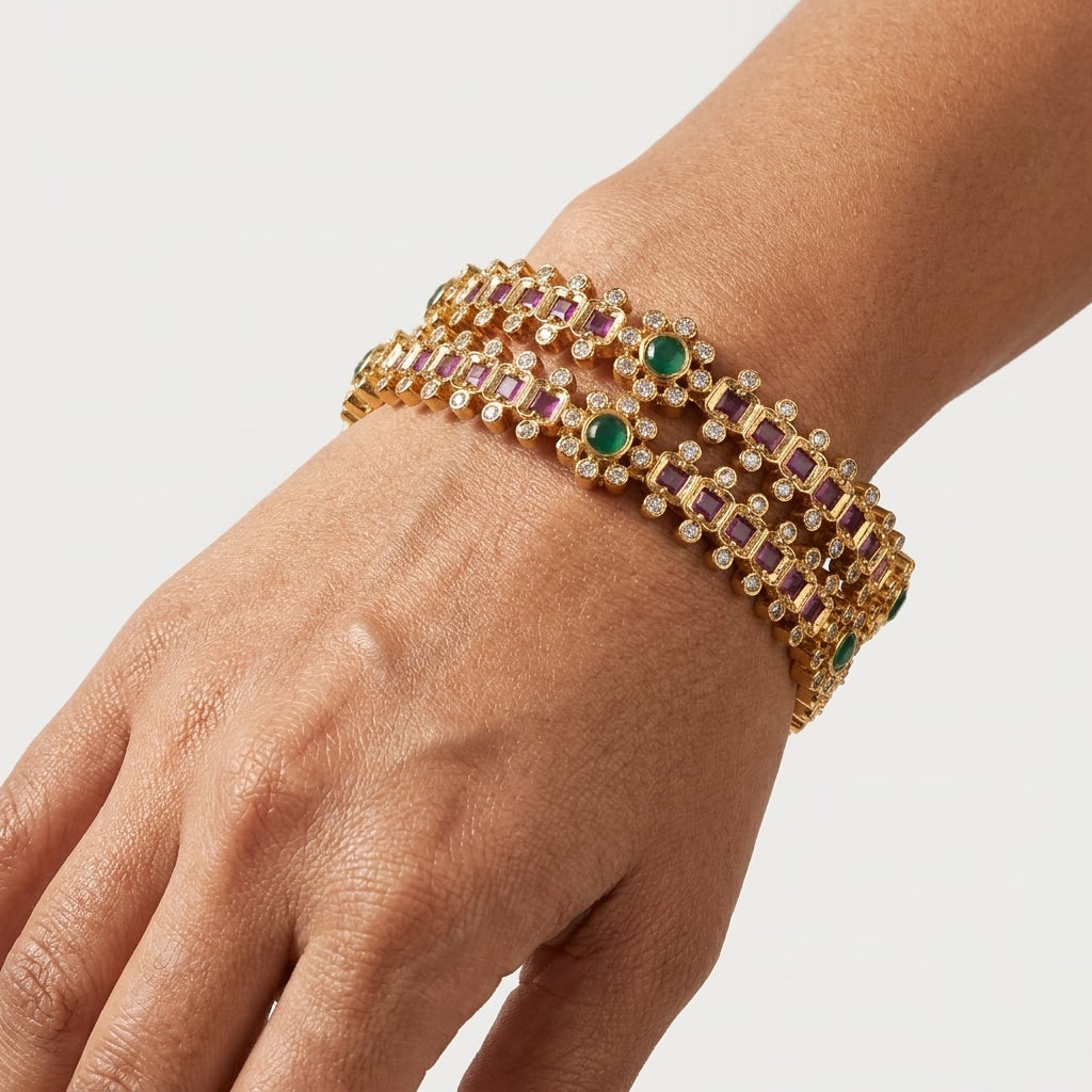 Emerald Royale Gold Plated American Diamond Bangles for Women | Green Stone Designer Pair