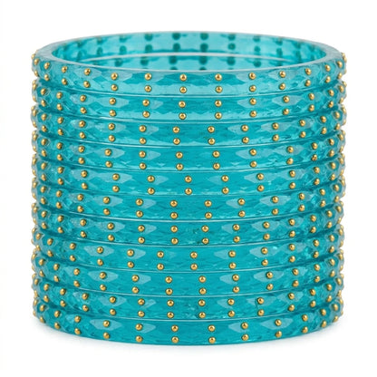 Raindrop Glass Bangles With Golden Beads, Traditional Indian Glass Chudi Set