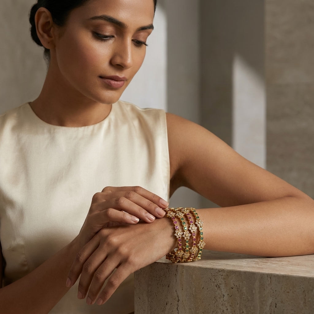 Floral Mosaic Gold Plated American Diamond Bangles Set for Women | 4 Piece Ruby & Emerald Designer Bangles