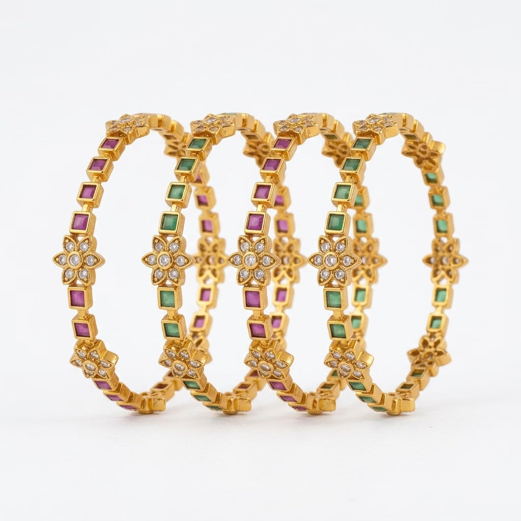 Floral Mosaic Gold Plated American Diamond Bangles Set for Women | 4 Piece Ruby & Emerald Designer Bangles