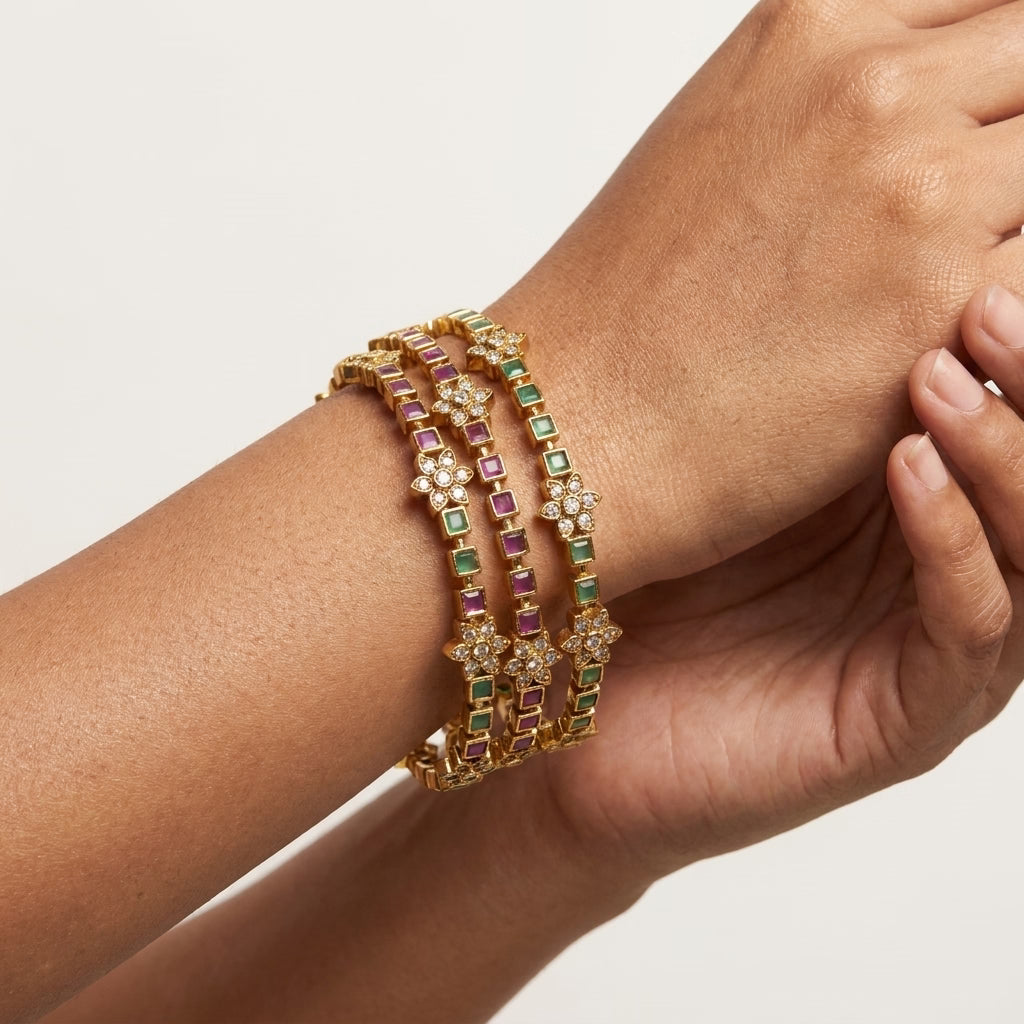 Floral Mosaic Gold Plated American Diamond Bangles Set for Women | 4 Piece Ruby & Emerald Designer Bangles