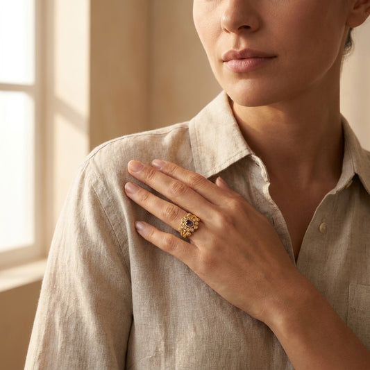 Purple Stone Floral Gold Plated Adjustable Ring for Women | American Diamond Statement Ring