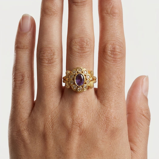 Purple Stone Floral Gold Plated Adjustable Ring for Women | American Diamond Statement Ring