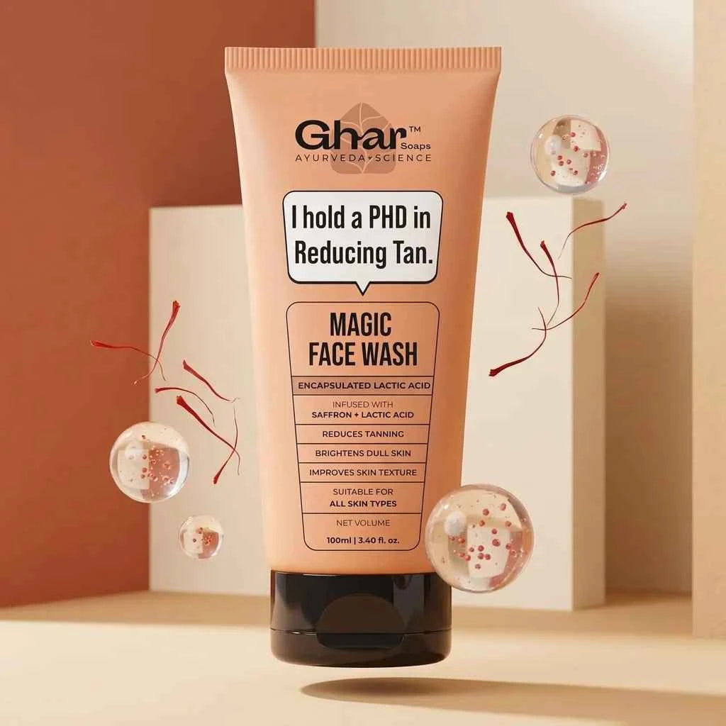 ghar magic face wash 100ml with saffron & encapsulated lactic acid | tan removal face wash for bright & healthy looking skin