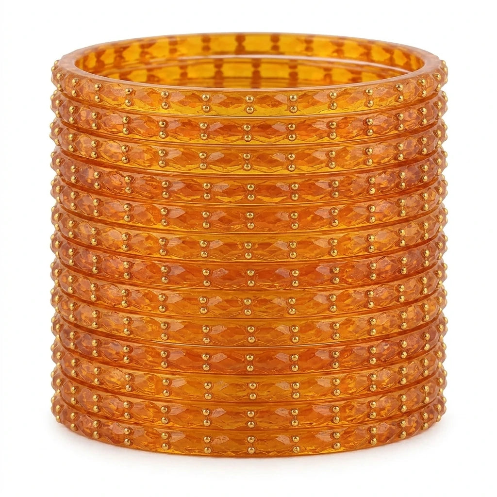 Raindrop Glass Bangles With Golden Beads, Traditional Indian Glass Chudi Set