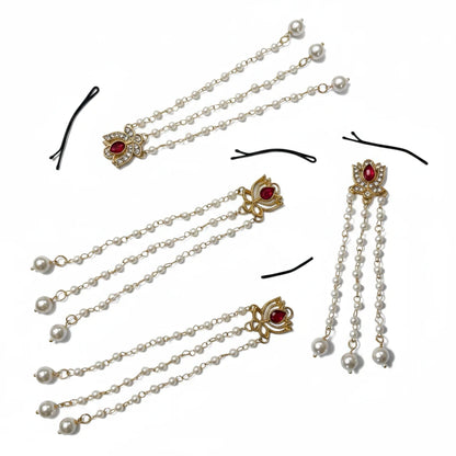Gold Plated Red Stone Pearl Hair Chain Set