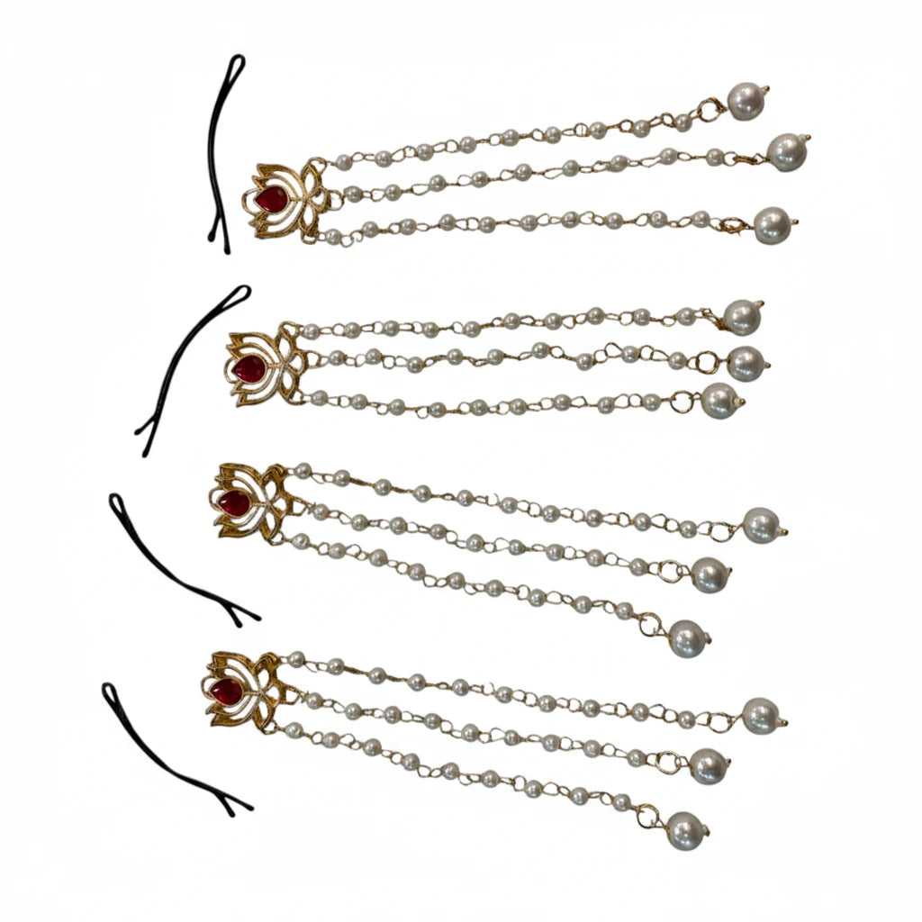 gold plated red stone pearl hair chain set