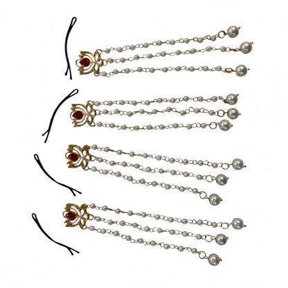 Gold Plated Red Stone Pearl Hair Chain Set