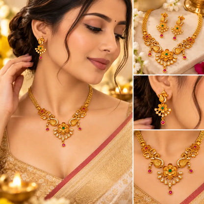 Traditional Indian floral necklace set worn with ethnic saree