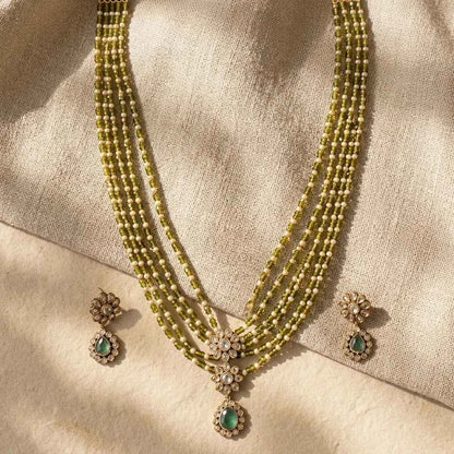 Green Beaded Layered Necklace Set with Earrings for Women | Floral Pendant Designer Jewellery