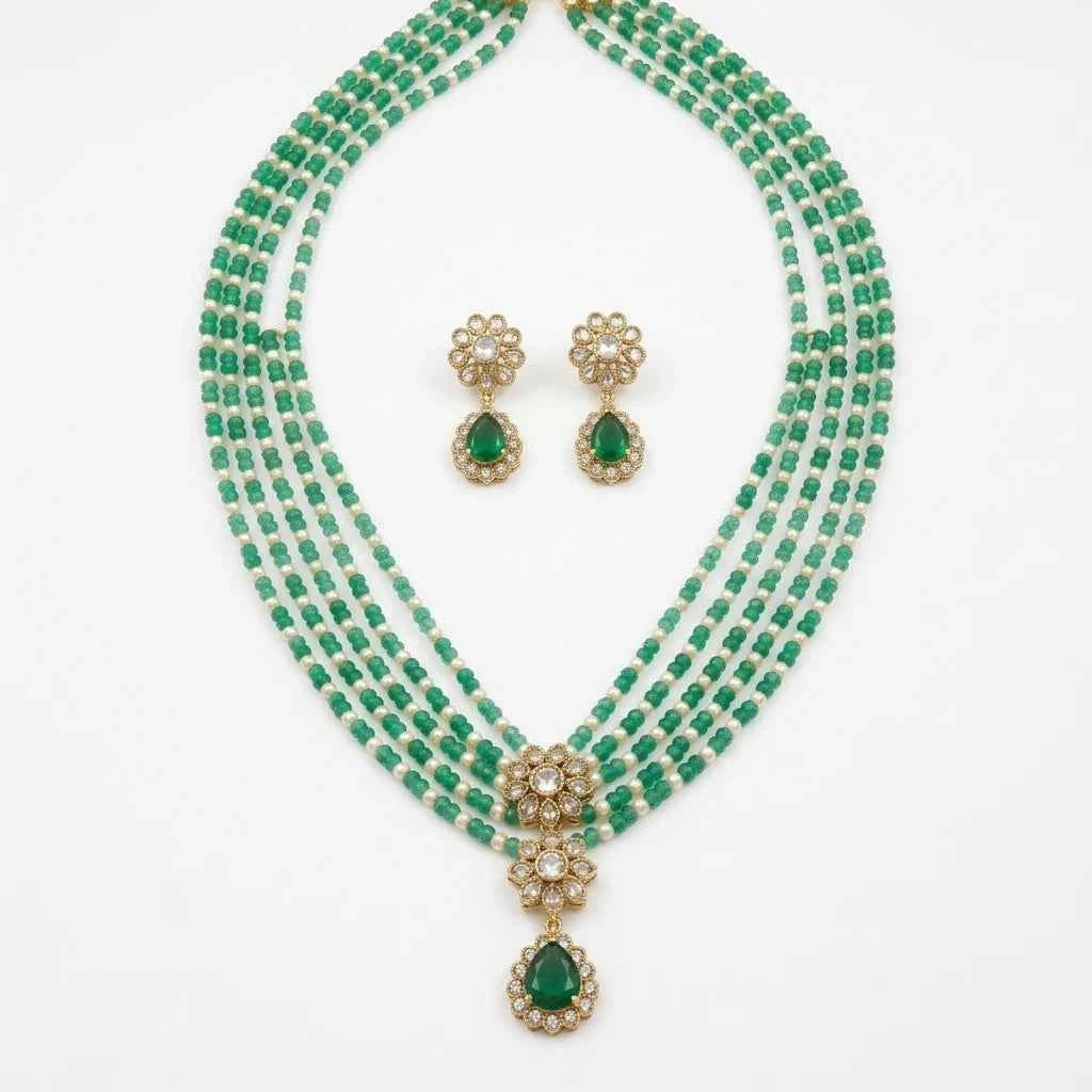 green beaded layered necklace set with earrings for women | designer bridal & party jewellery - gehna official